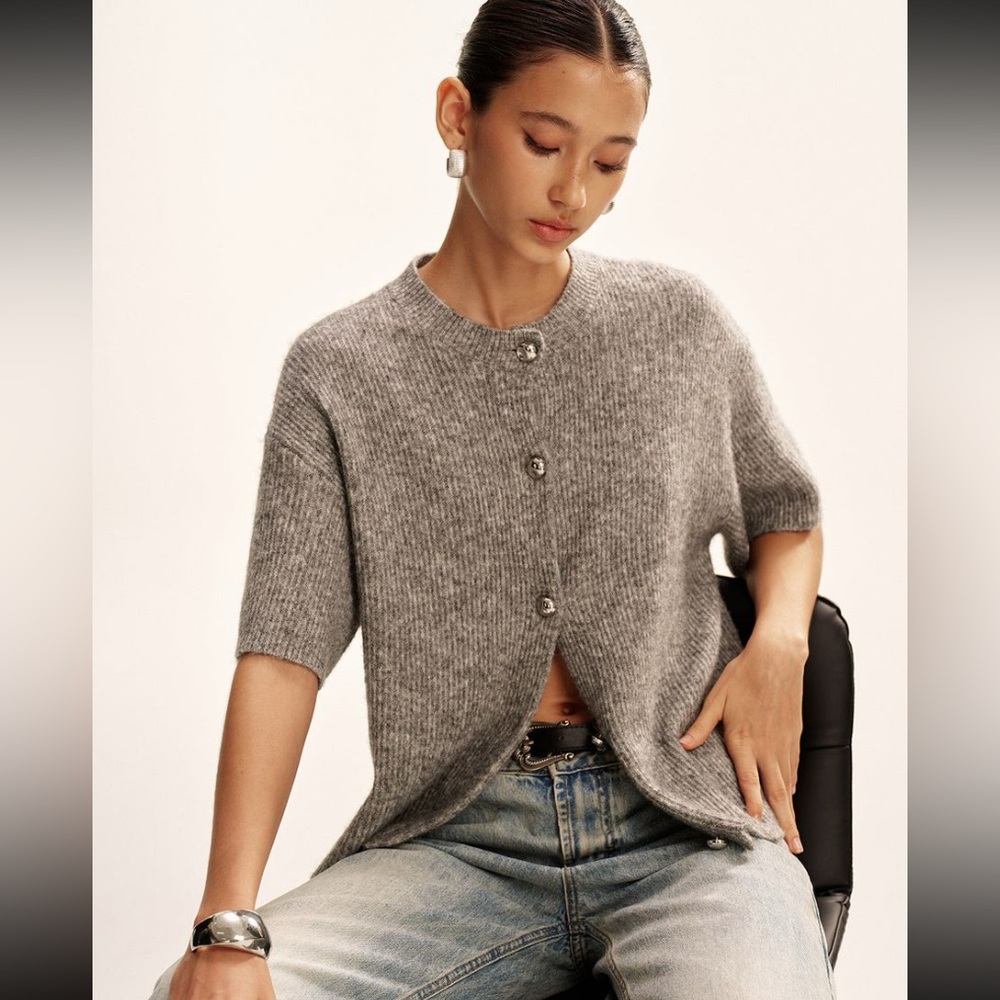 Gray Button-Up Knit Cardigan wool blend short sleeved wide sleeved cardigan